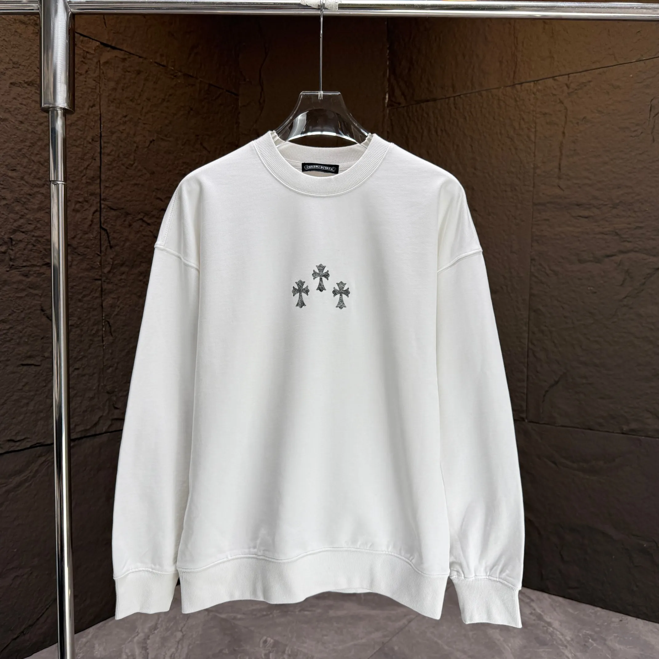 🅿️250 CH* Croixin* 2025 autumn and winter new round neck sweatshirt 400g terry cotton Sanskrit horseshoe logo flocking➕silver wire Color: Black White Gray Purple Size: S M L XL XXL